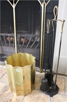 FIREPLACE TOOLS AND BRASS PAIL WITH HANDLES 12"