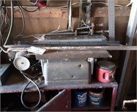 Lot: table saw, pry bars, cabinet & contents