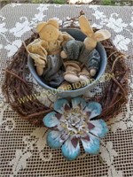 Easter centerpiece Blue crock bowl with bunnies