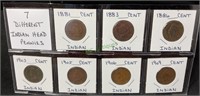 Coins - seven different Indian head pennies,