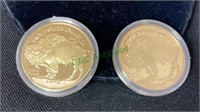 Two large gold tone buffalo nickels - oversized,