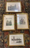 Four gold framed engraved prints - includes House