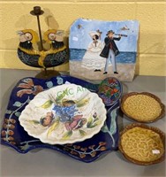 Mixed lot - serving trays, mask figure, painted