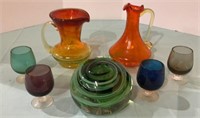 Glass lot - small colored glass pitcher, four