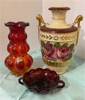 3 piece lot, Kanawha Amberina orange glass vase,