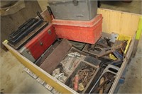WOODEN BOX W/ C-CLAMPS, EMPTY TOOL BOXES,