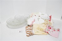(3) Clear Glass Platters & Tablecloths, Runner....