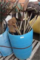 BLUE BARREL W/SHOVELS, BROOMS ETC