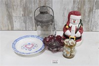 Santa Cookie Jar, Painted Dish, TIn & Glass Hang..