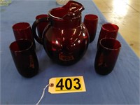 1950 Anchor Hocking Ruby Pitcher & 6 Glasses