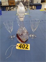 1890 Ruby Stain Decanter with 3 Wine Glasses
