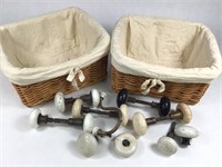 Lot of Vintage Ceramic Door Knob Sets & 2 Baskets