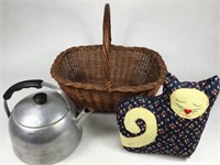 Cloth Cat Door Stop, Woven Basket & Tea Kettle