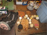 BAG LOT -- 4 BASEBALL / SOFTBALL GLOVES & BALLS