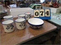 4 CUP SET + 1 -- ENAMELED CUPS & BOWLS W/ FISH