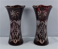 Pr. Ruby Cut to Clear Vases, As-Is