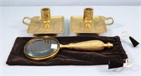 Pr. Brass Candle Holders + Magnifying Glass