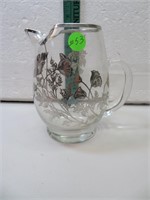 Vtg Crystal Pitcher with Silver Overlay Flowers 6"