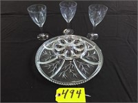 Heavy Glass Egg & Relish with 3 Etched Wineglasses