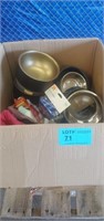 Box lot of miscellaneous Dog clothes, Bowls & more