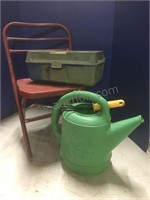 Chair, tackle box, gardening supplies