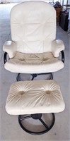White Leather & Black Metal Reclining Chair & Foot