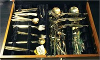 Soft Brown Wood Case of Silver Plate Cutlery