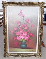 Large Floral Painting On Canvas - Signed L. Hope