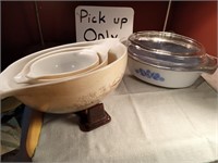 Vintage Fire King casserole dish and 3 Pyrex Bowls