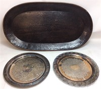 LARGE POUNDED BRASS TRAY, 2 SILVER PLATE PLATTERS