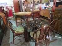 ROUND GLASS TOP RATTAN DINING TABLE W/6 CHAIRS