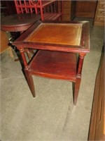 ANTIQUE SOLID WOOD LEATHER TOP TIERED TABLE