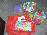 (178) Plastic Eggs & (2) Basket Bags in Red Tote
