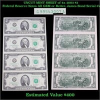 UNCUT MINT SHEET of 4x 2003 $2 Federal Reserve Not