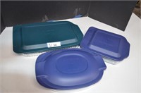 Three Clear Glass Covered Pyrex Baking Dishes