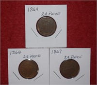 (3) Two Cent Pieces 1864, 1966 & 1867