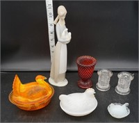 Glass Chicken, Candle Holders, & Porcelain Décor