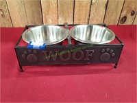 Metal Woof Dog Bowl Holder w/ Bowls