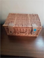 WICKER BOX WITH ANTIQUE DOLLS AND DOLL CLOTHES