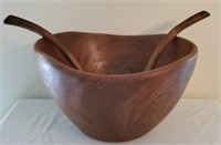 Large Vintage Handcarved Teak Wood Bowl & Spoons