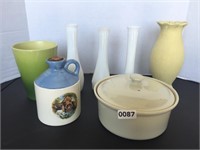 5 VASES - COVERED DISH AND MAPLE SYRUP JUG