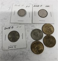 (4) $1 Coins, 2015 Quarter, 2016-P Dime, 2003 Nick