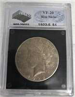 Slab 1922-S Peace Dollar VF 20 RM Nicks