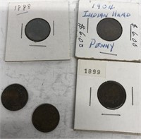 (5) Indian Head Pennies, 1907,1900, 1899, 1888, 19