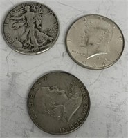 (3) Silver Halves 1945-D, 1962 Franklin, 1964 Kenn