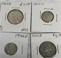 Silver Dimes 1946-D, 1964-D /1964-D & 1954-D Quart