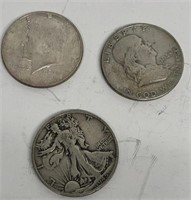 (3) Silver Halves 1945-S, 1948, 1964 Kennedy