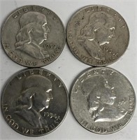 (4) Silver Franklin Halves 1951, 1954, 1958, 1959