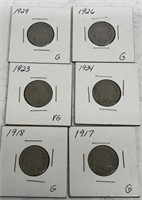 (6) Buffalo Nickels, 1929, 1917, 1918, 1923, 1926,