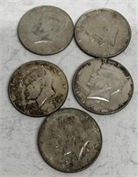 (5) 40% Silver Kennedy Halves, 1969-D, 1968-D, 196